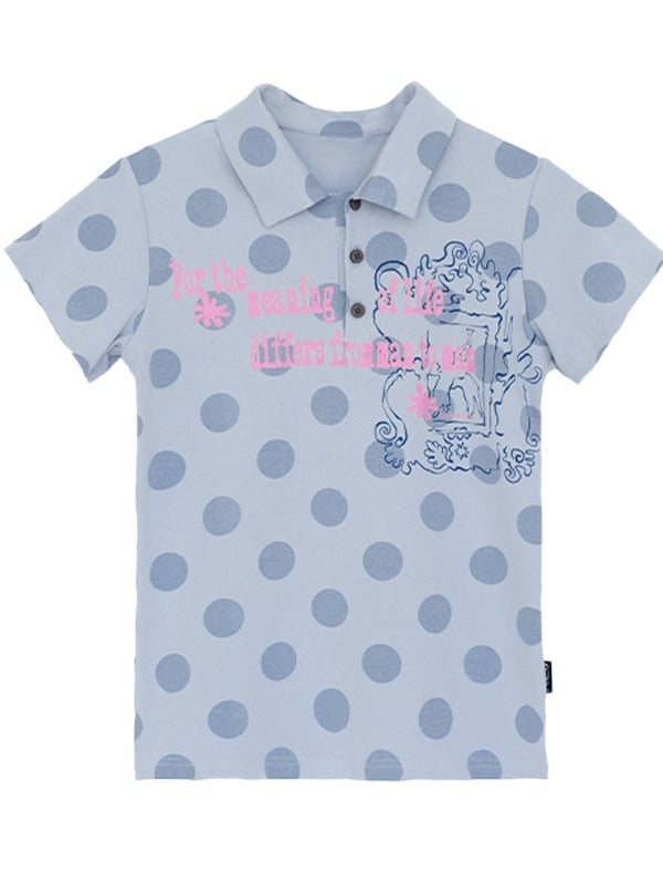 Blue Polka Dot Polo Shirt with Letter Print - innomoood