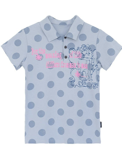 Blue Polka Dot Polo Shirt with Letter Print - innomoood