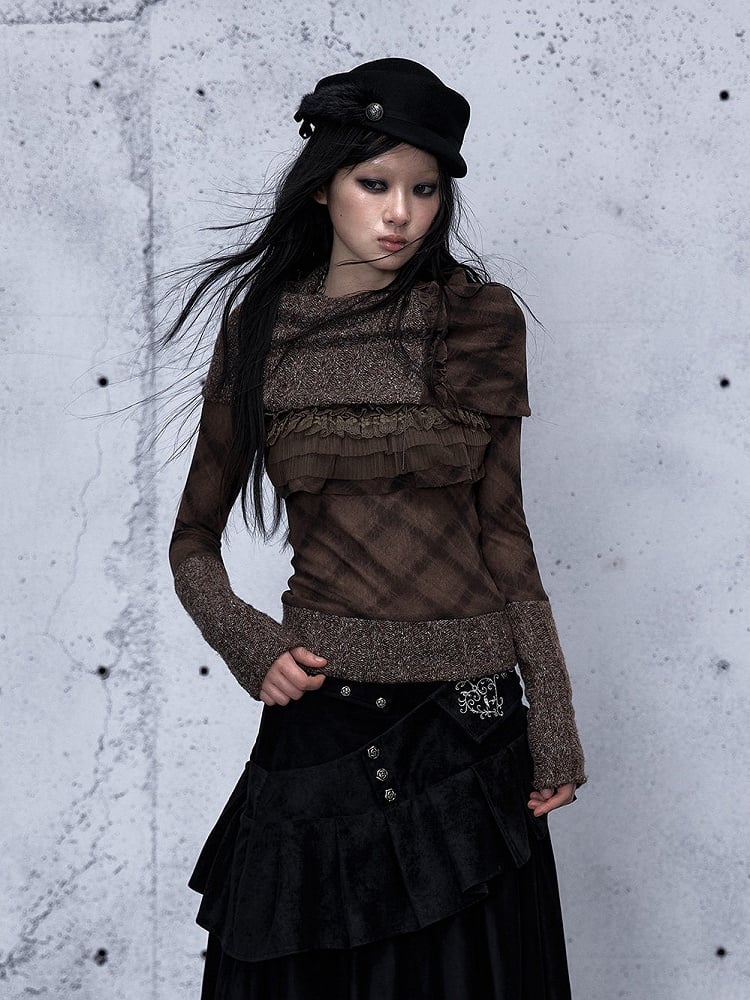 Long Lace Trim Vintage Sleeve Top Crisscross Dark with Pattern Ruffle Stripe Green Punk