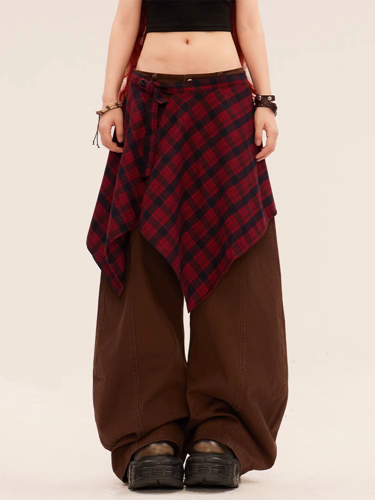 ヴィンテージグレー/ブラウンダーク、チェック柄ウエストアクセサリー付きワイドレッグパンツ ローライズ