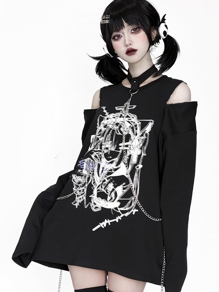 Anime Girl Print Black Zip Shoulder and Choker Chain Long Sleeve Top with Convertible