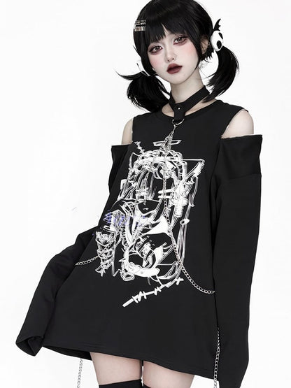 Anime Girl Print Black Zip Shoulder and Choker Chain Long Sleeve Top with Convertible