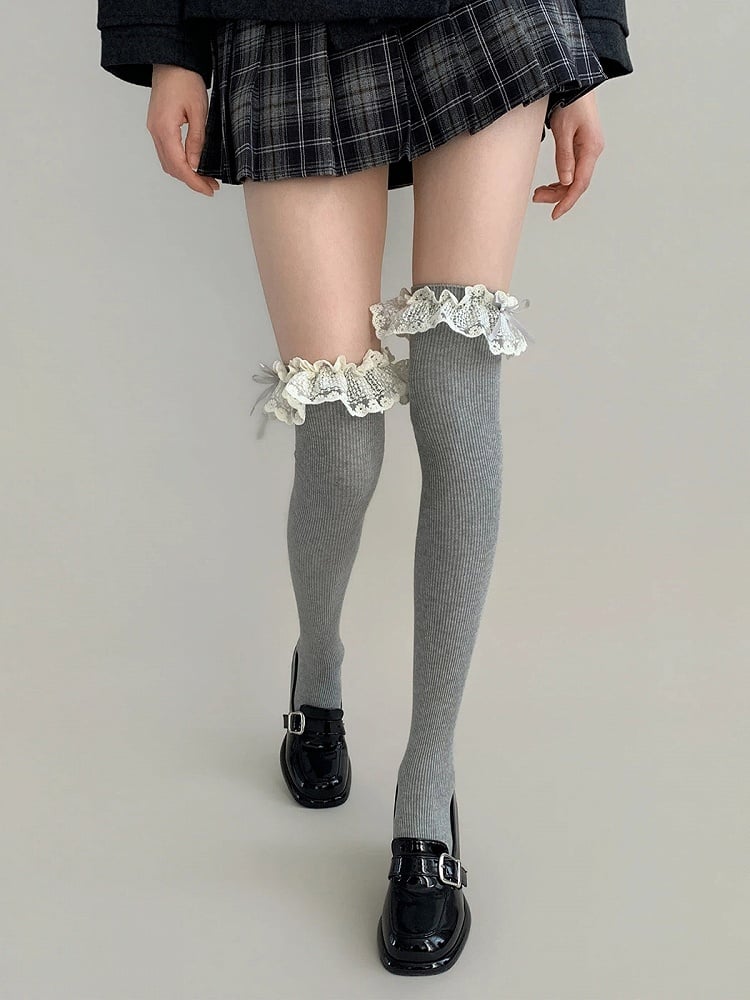 Colors) Lace Bow Ruffle Ribbed (5 Stockings Thigh-High
