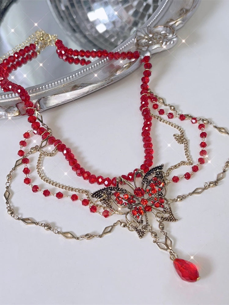 Gothic Red Bead and Butterfly Details Necklace