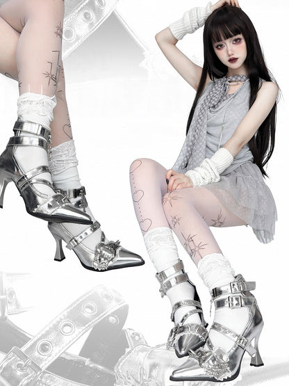 Stud Pointed High Heart Gothic - Toe Silver Heels Detailing Cone Buckle