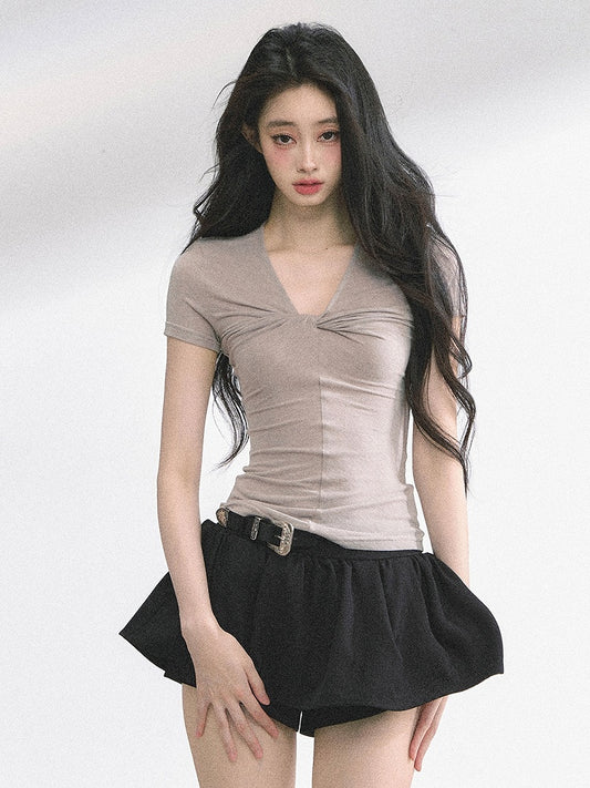 T-shirt Light Gray Twist Detail Neckline Slim-fitting