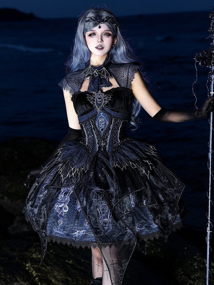 Black & Blue Bone Dragon Embroidery Halter Neck Gothic Lolita Dress Set - Ying Luo Fu