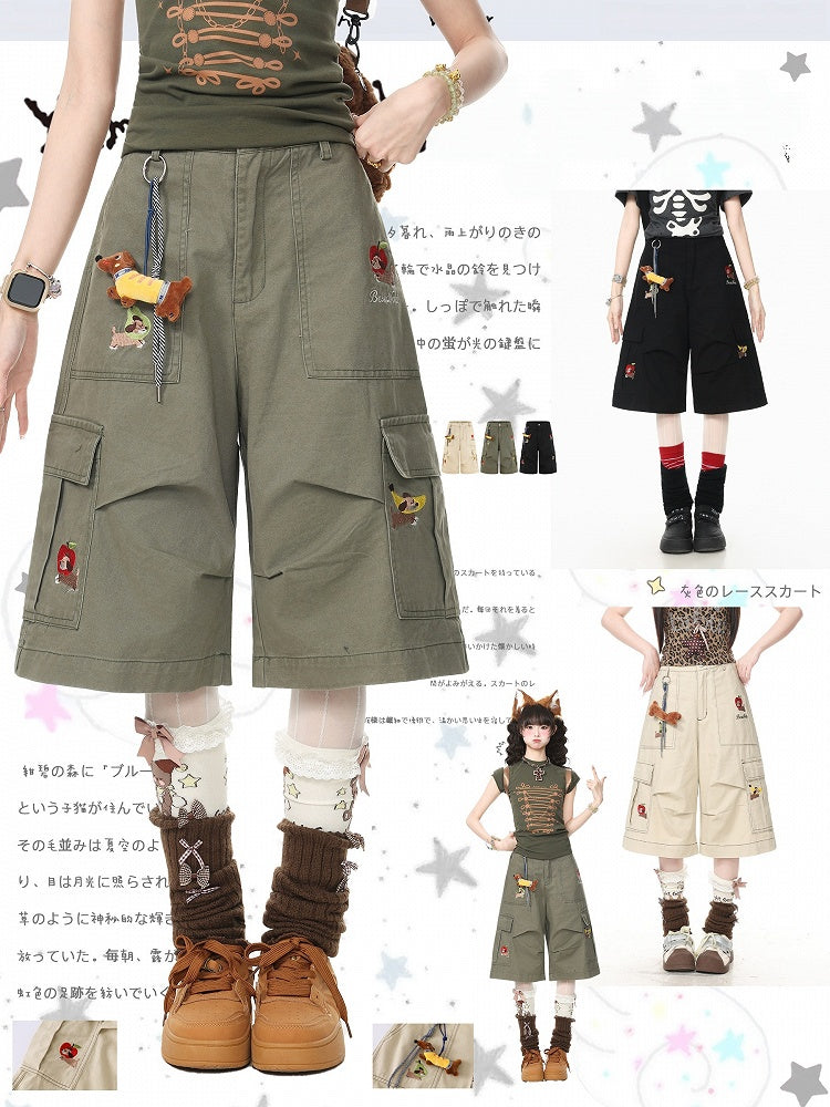 Black Cropped Cargo Shorts with Puppy Embroidery - Languid Park