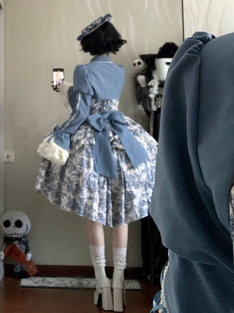 Bow Print Set + Elegant Skirt White Bolero Train High-low Rose Dress Jouy Blue and Accents de with Lolita Classic Toile