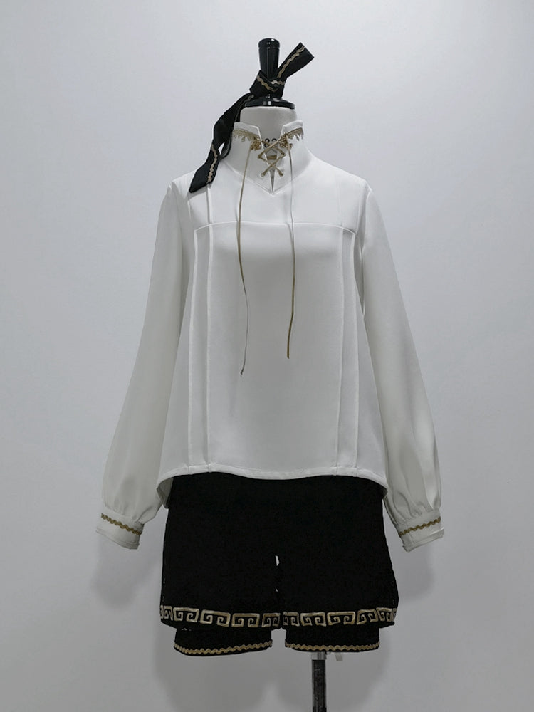 Chinoiserie Stand Ouji Shirt Lace-up Collar White