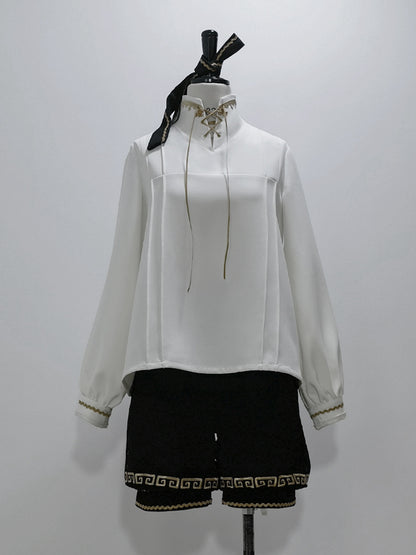 Chinoiserie Stand Ouji Shirt Lace-up Collar White