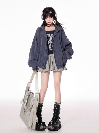 デザイン バンドカラー フェードウォッシュ ダメージ加工 ブルー/アプリコット ジャケット 秋 ジップアップ