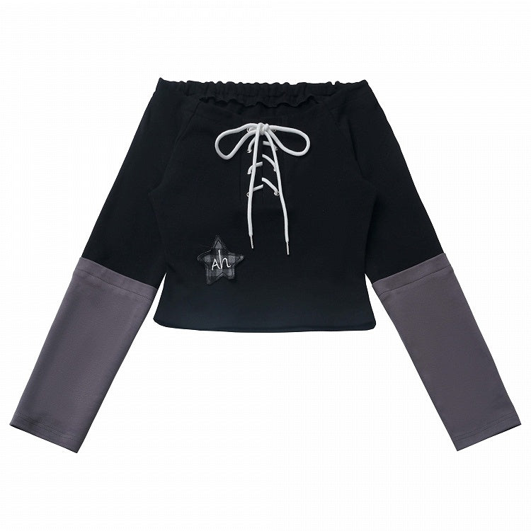 Schwarzes Top mit schulterfreiem Ausschnitt, Stern-Applikation und Schnürdetail