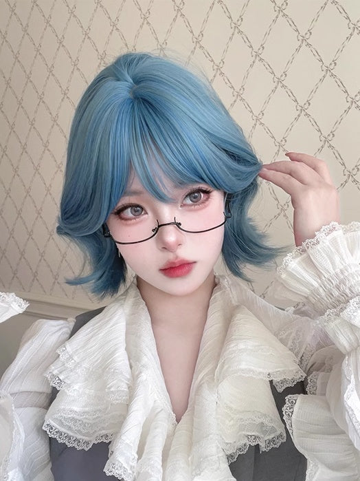 Blaue 29CM kurze Perücke mit Air Bangs
