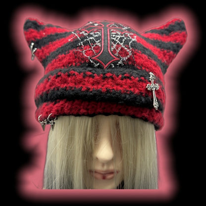 Red and Black Cross Applique Studs Punk Cat Ears Striped Beanie