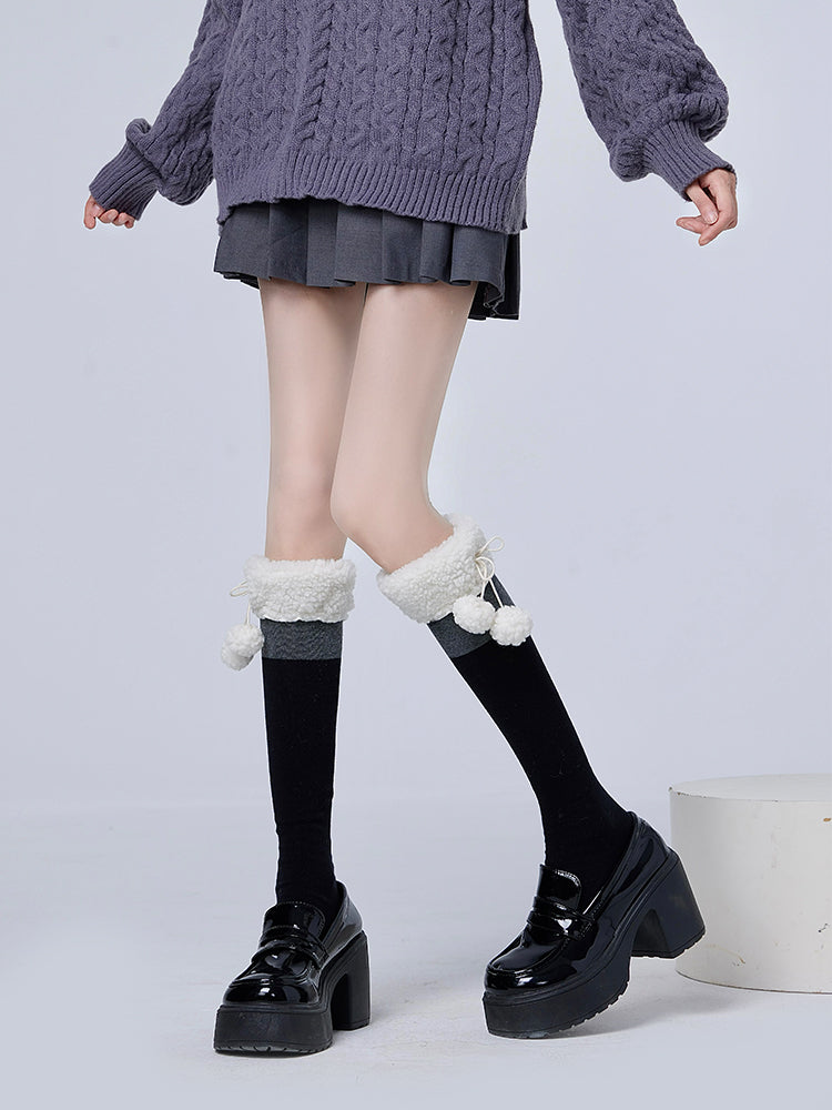 Plush Decoration Pom-Pom Socks Cuff With KhakiBrown/GrayBlack Calf