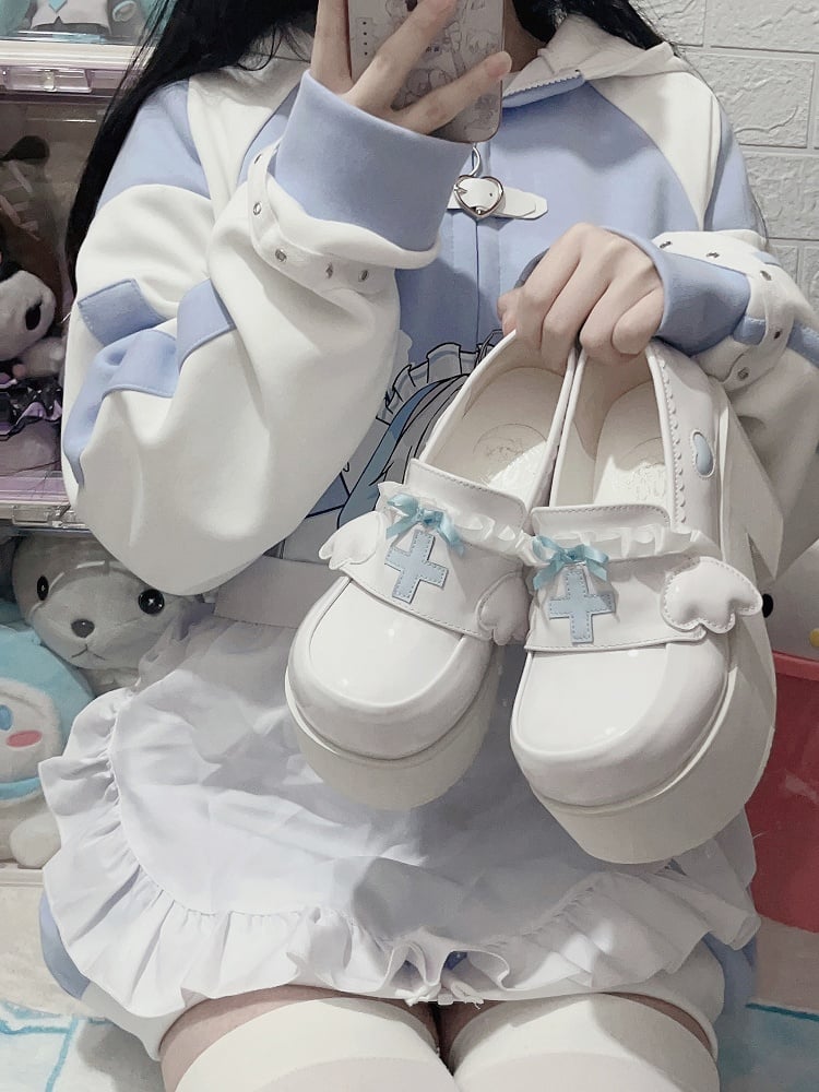 Tenshi Kaiwai ライトブルー ヤミ カワイイ クロス ボウノット プラットフォーム ローファー