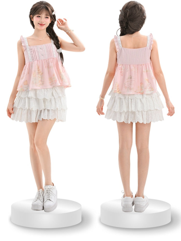 Flutter Bear Print Sleeveless Top Sweet Pink Sleeves Cartoon