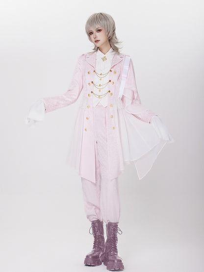 Pink Cherry Blossom Jacquard Coat with One-Shoulder Cape - DevilInspired Exclusive Collection