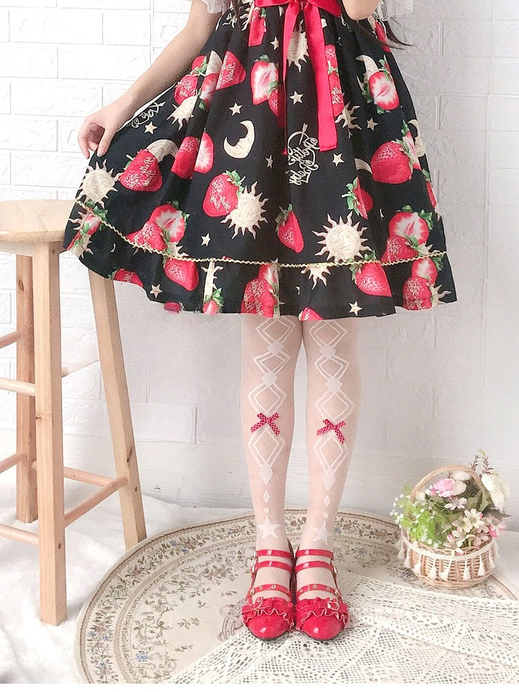Red Bows Diamond Pattern Lolita White Over Knee Stockings