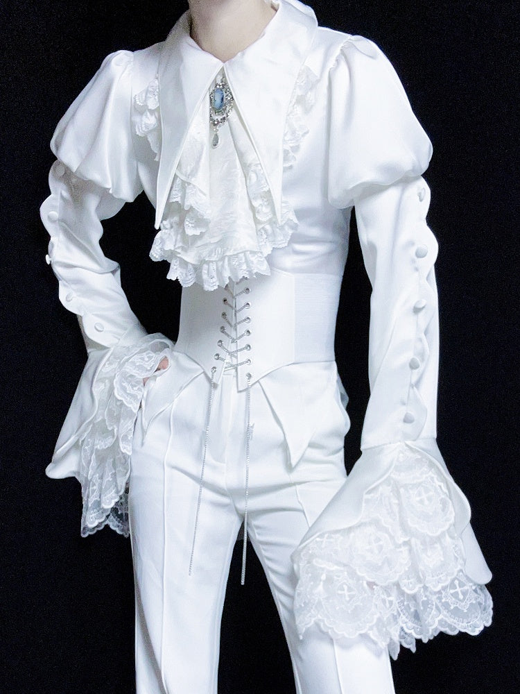 White Pointed Foldover Collar Ouji Gothic Lolita Long Sleeves Tail Shirt