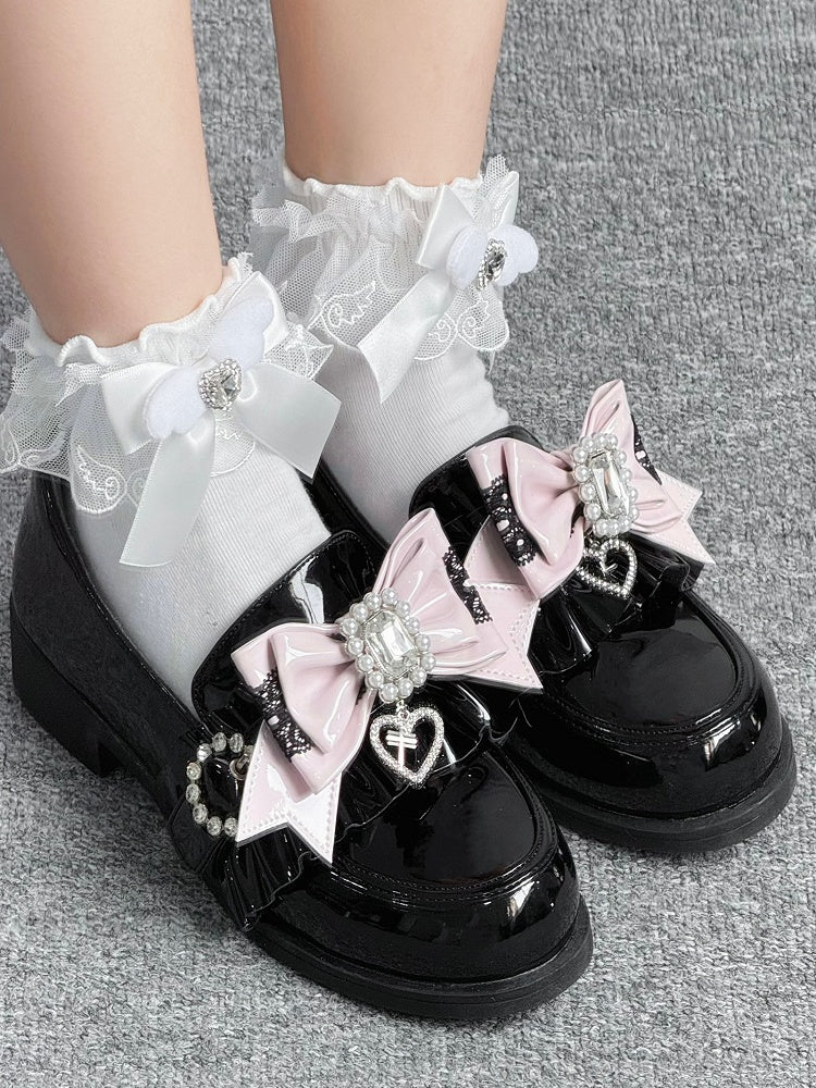 Pink Bowknot Decor Kei Shoe Jirai Black Pink/White Clips Beaded -