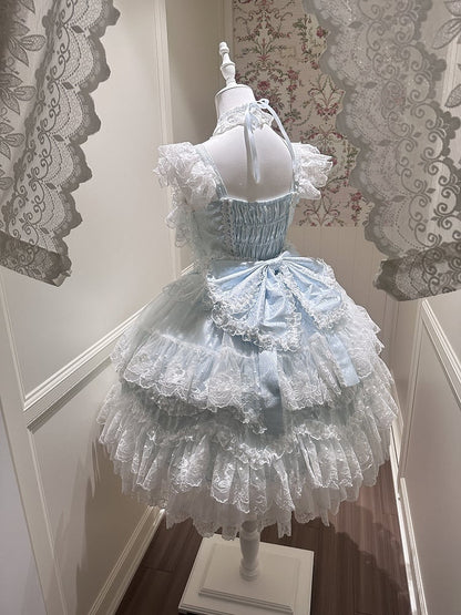 Decor With Dress Multi-Layer Lolita Hanayome-Style JSK Blue Trim Lace Bow