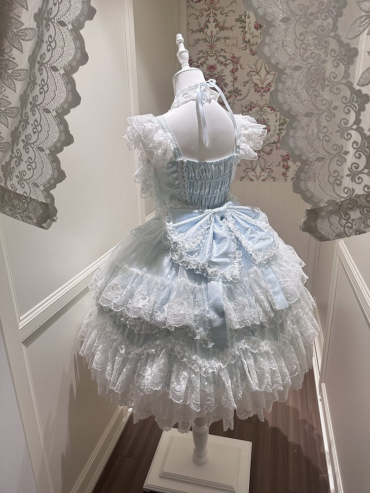 Hanayome-Style Lace + Trim Lolita Bow / Blue Set Back Full Dress JSK Decor Multi-Layer With