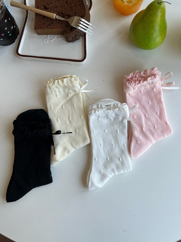 Polka Dot Ruffled Ankle Socks with Bow - Xi Shang Mei Shao