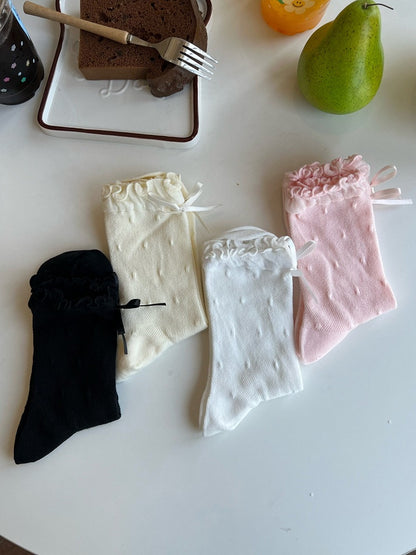 Polka Dot Ruffled Ankle Socks with Bow - Xi Shang Mei Shao