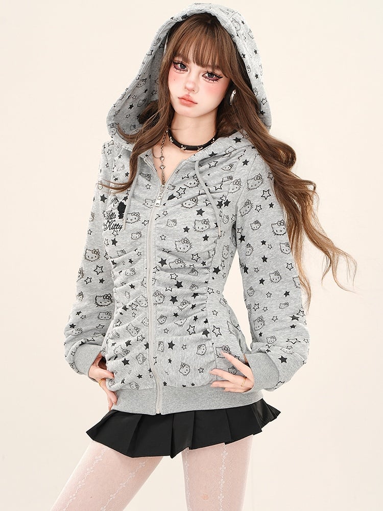 Grau/Apricot – Kitty – Kapuzenjacke mit durchgehendem Rüschendesign und Reißverschluss