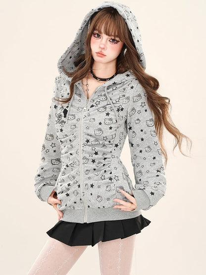 Grau/Apricot – Kitty – Kapuzenjacke mit durchgehendem Rüschendesign und Reißverschluss