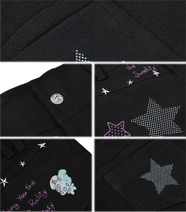 Schwarze Shorts mit niedrigem Bund und Graffiti-Print mit Sternnieten