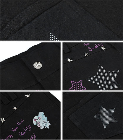 Schwarze Shorts mit niedrigem Bund und Graffiti-Print mit Sternnieten