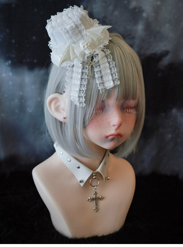 White Gothic Bat Wing Skeleton Cross Lace Trim Hat Hairclip