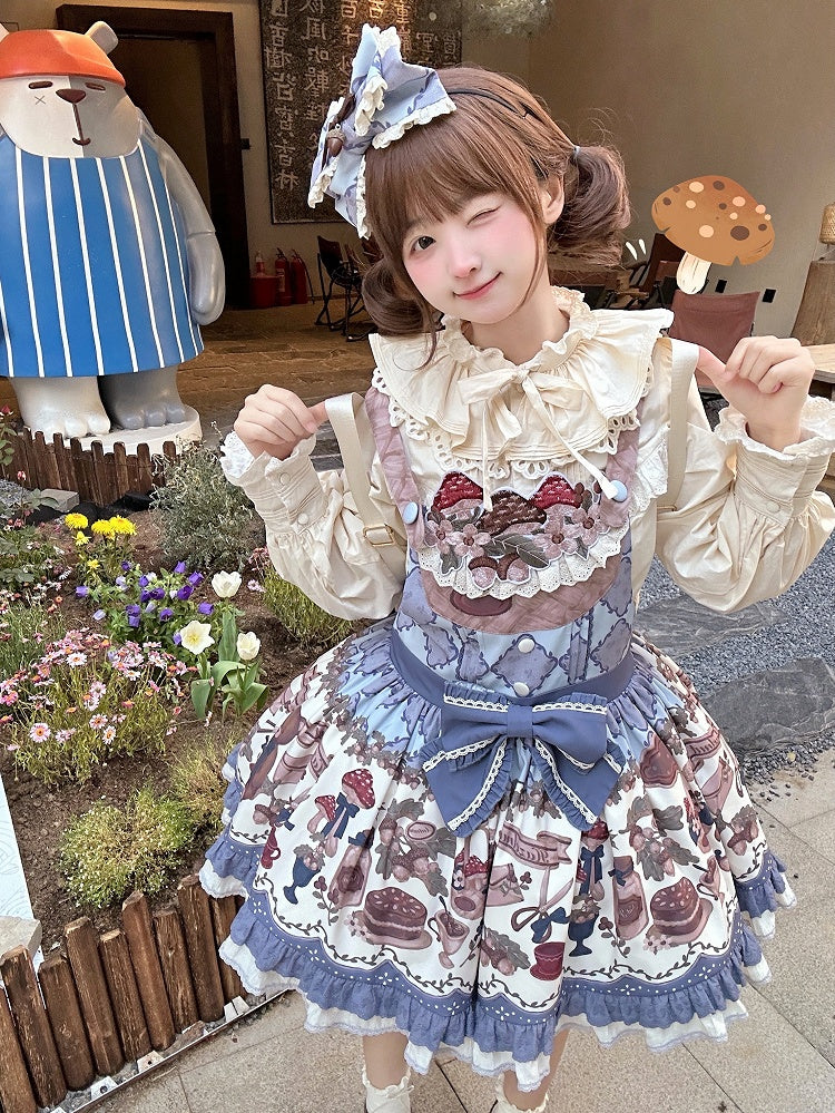 Print Stickerei Overall Süßes blaues Teddykleid Pilz Lolita Ausschnitt