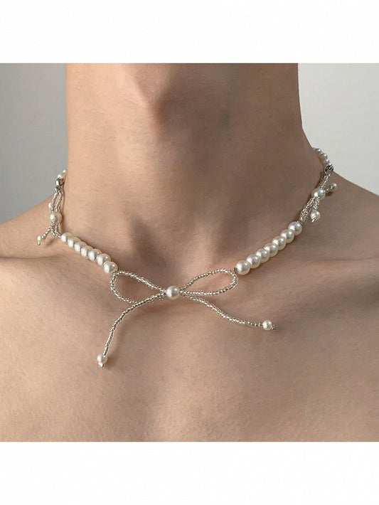 White Beaded Bow Necklace with Pearl Details - YSHXS