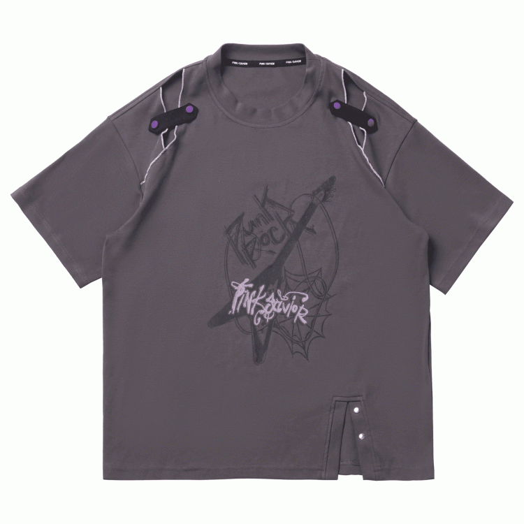 Dusty Gray Cutout Shoulder Slit Hem Punk Rock Graphic T-Shirt