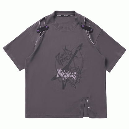 Dusty Gray Cutout Shoulder Slit Hem Punk Rock Graphic T-Shirt