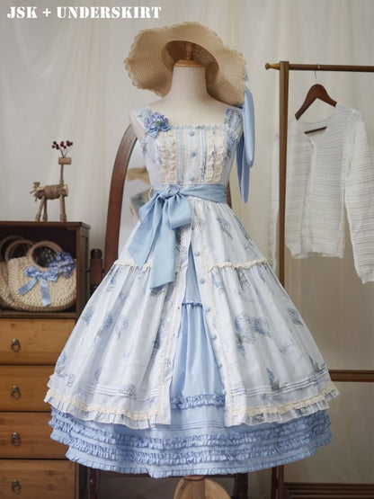 アジサイプリントのブルーのサマーフローラルドレス、フロントボタンのプラケットヘムのロリータジャンパースカート