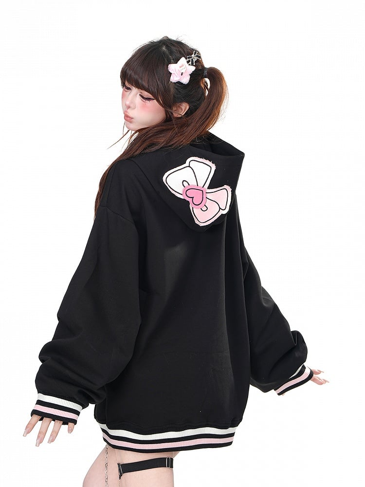 Apricot/Schwarz – Oversize-Kapuzenpullover mit Kätzchen-Stickerei und Reißverschluss