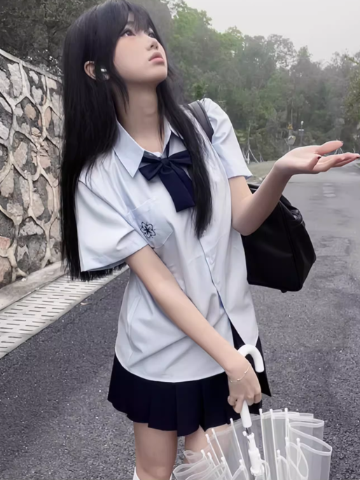 Preppy Sakura Shirt Embroidery Style White/Gray/Blue