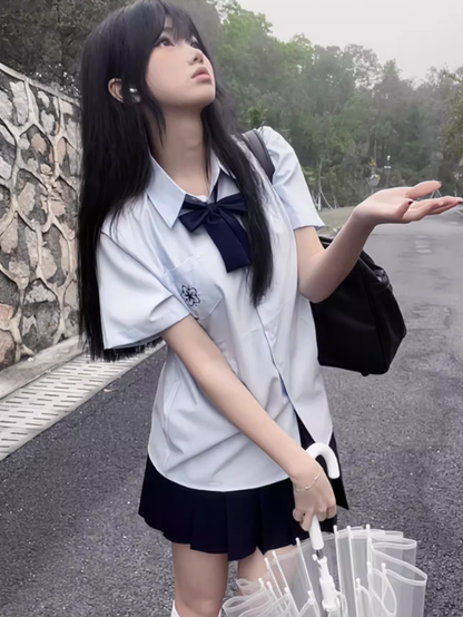 Preppy Sakura Shirt Embroidery Style White/Gray/Blue