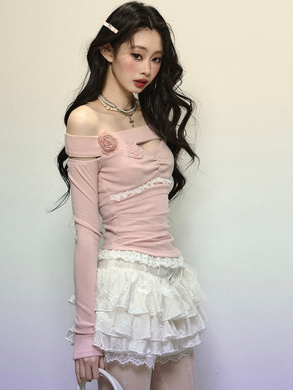 Pink Floral Design Off-the-shoulder Neckline Knit Top with Cutout Detail