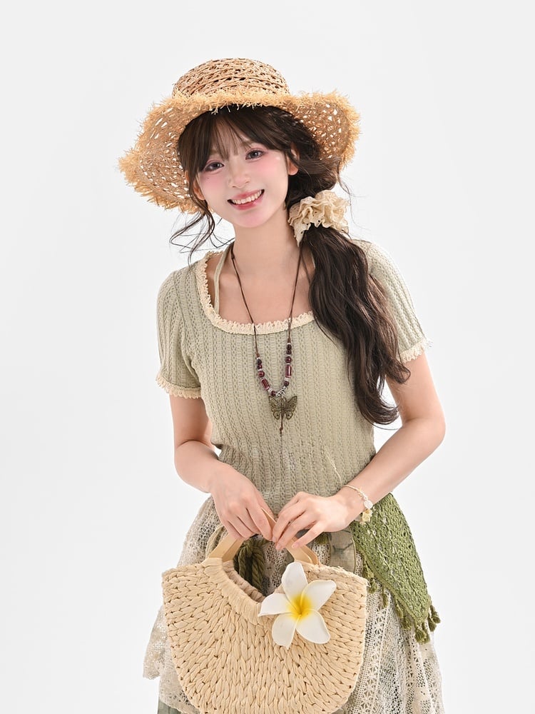 Light Green Mori Neck Lace Kei Round Neck Trim T-Shirt Halter