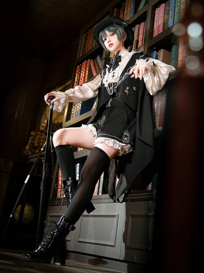 Waist Ouji Overall Black Waistcoat Bunny + Shorts Split-Tail High Lolita Hooded Ear Shirt