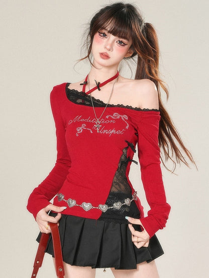 And Sleeves Letter Top Long Rhinestone Decorated Bowknot Glamorous Red/Black