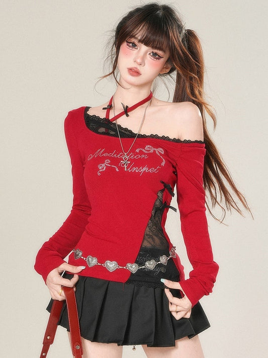 And Sleeves Letter Top Long Rhinestone Decorated Bowknot Glamorous Red/Black