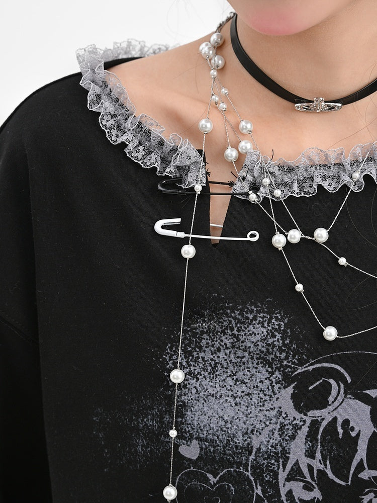 Y2K Black/White Ruffled Lace Trim Neckline T-Shirt Shoulder Cutout Girl Print Cotton