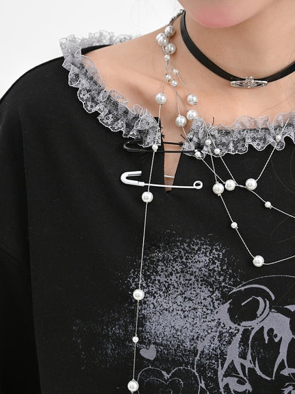 Y2K Black/White Ruffled Lace Trim Neckline T-Shirt Shoulder Cutout Girl Print Cotton